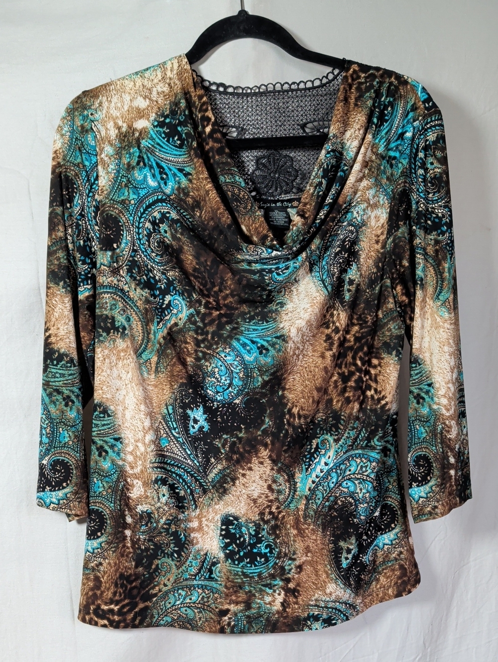 Suzie In The City Teal and Brown Paisley Cowl Neck Blouse Date Night Party Wear